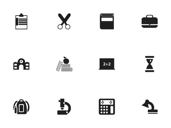 Набор из 12 настольных школьных иконок. Включает такие символы, как школа, литература, рюкзак и многое другое. Can be used for Web, Mobile, UI and Infographic Design . — стоковый вектор