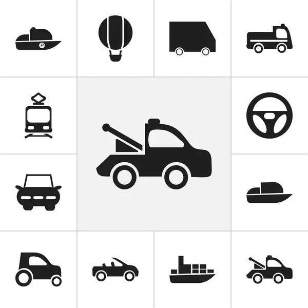 Набор из 12 настольных транспортных иконок. Includes Symbols such as Tramcar, City Drive, Drive Control and More. Can be used for Web, Mobile, UI and Infographic Design . — стоковый вектор