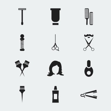 12 düzenlenebilir Kuaför simgeler kümesi. Jel, şişe, boyama araçları ve daha fazlası gibi simgeler içerir. Web, mobil, UI ve Infographic tasarımı için kullanılabilir.