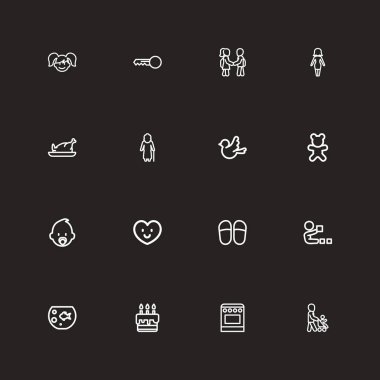 16 tane ayarla düzenlenebilir yakınları simgeleri anahat. Balık Tank, ev ayakkabı, oyuncak bebek ve daha fazla gibi simgeler içerir. Web, mobil, UI ve Infographic tasarımı için kullanılabilir.