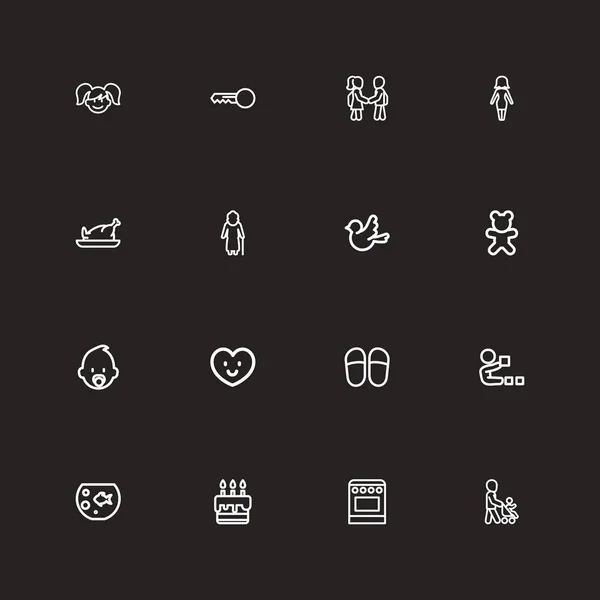 Ensemble de 16 icônes de contour de relations modifiables. Comprend des symboles tels que aquarium, chaussures de maison, poupée et plus. Peut être utilisé pour le Web, mobile, interface utilisateur et infographie . — Image vectorielle