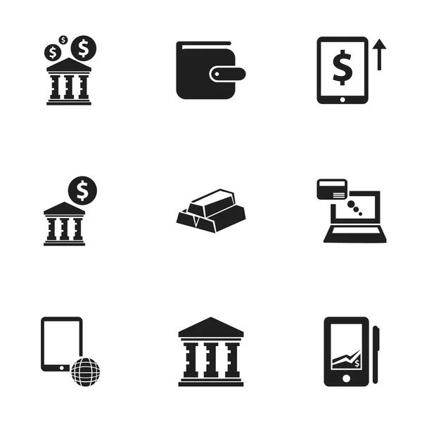 Sada 9 upravitelné finanční ikon. Obsahuje symboly, například sítě, kabelku, knihovny a další. Lze použít pro webové, mobilní, Ui a infografika Design. — Stockový vektor