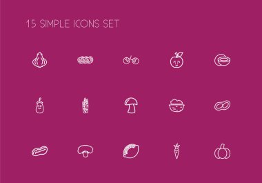 15 düzenlenebilir sebze anahat simgeler kümesi. Dilimlenmiş domates, Cep, patlıcan ve daha fazlası gibi simgeler içerir. Web, mobil, UI ve Infographic tasarımı için kullanılabilir.