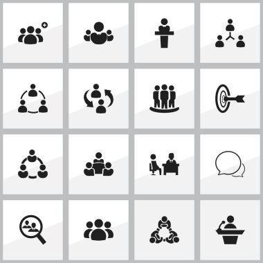 16 düzenlenebilir takım simgeler kümesi. Hedef, hoparlör, insan kaynakları ve daha fazlası gibi simgeler içerir. Web, mobil, UI ve Infographic tasarımı için kullanılabilir.