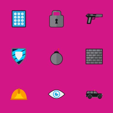 9 düzenlenebilir güvenlik düz simgeler kümesi. Kapat, koruma, bariyer ve daha fazlası gibi simgeler içerir. Web, mobil, UI ve Infographic tasarımı için kullanılabilir.