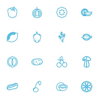 16 düzenlenebilir pişirme anahat simgeler kümesi. Simgeleri gibi kiraz, narenciye, dilimlenmiş limon ve daha fazlasını içerir. Web, mobil, UI ve Infographic tasarımı için kullanılabilir.