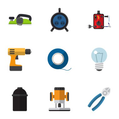 9 düzenlenebilir elektrik düz simgeler kümesi. Tutucu, priz, Nipper ve daha fazlası gibi simgeler içerir. Web, mobil, UI ve Infographic tasarımı için kullanılabilir.