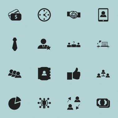 16 düzenlenebilir ticaret simgeler kümesi. Kravat, aday, Smartphone gibi simgeler içerir. Web, mobil, UI ve Infographic tasarımı için kullanılabilir.