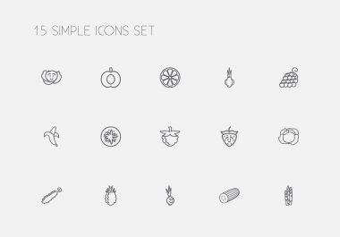 15 düzenlenebilir sebze anahat simgeler kümesi. Kuşkonmaz, ahududu, böğürtlen ve daha fazlası gibi simgeler içerir. Web, mobil, UI ve Infographic tasarımı için kullanılabilir.