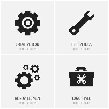 4 düzenlenebilir hizmet simgeler kümesi. Dişli, Cogwheels, tamir ekipmanları ve daha fazlası gibi simgeler içerir. Web, mobil, UI ve Infographic tasarımı için kullanılabilir.