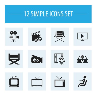 12 düzenlenebilir sinema simgeler kümesi. Dışkı, Film gözlük, plak Cam ve daha fazlası gibi simgeler içerir. Web, mobil, UI ve Infographic tasarımı için kullanılabilir.
