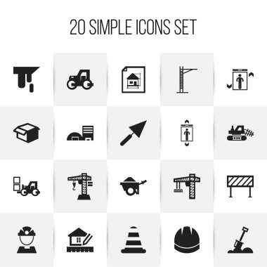 20 düzenlenebilir inşaat simgeler kümesi. Kask, Vinç, traktör ve daha fazlası gibi simgeler içerir. Web, mobil, UI ve Infographic tasarımı için kullanılabilir.