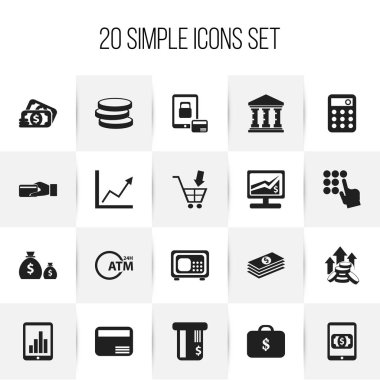 20 düzenlenebilir finansal simgeler kümesi. Ödeme, maaş, güvenli ve daha fazlası gibi simgeler içerir. Web, mobil, UI ve Infographic tasarımı için kullanılabilir.