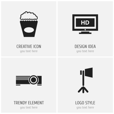 4 düzenlenebilir film simgeler kümesi. Sinema Snack, stüdyo ışık, Hd ekran ve daha fazlası gibi simgeler içerir. Web, mobil, UI ve Infographic tasarımı için kullanılabilir.