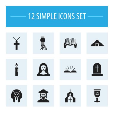 12 düzenlenebilir Dyne simgeler kümesi. Christian Cross, yangın balmumu, piramit ve daha fazlası gibi simgeler içerir. Web, mobil, UI ve Infographic tasarımı için kullanılabilir.