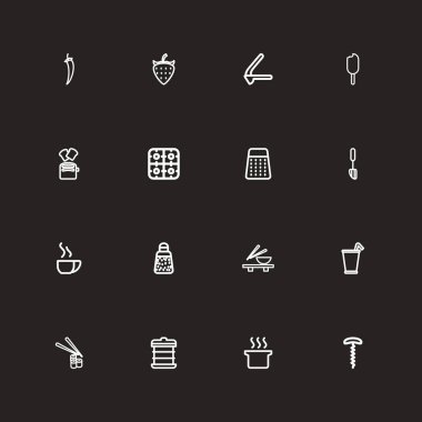 16 düzenlenebilir gıda anahat simgeleri ayarlayın. Suşi rulo, Chili, tost ve daha fazlası gibi simgeler içerir. Web, mobil, UI ve Infographic tasarımı için kullanılabilir.