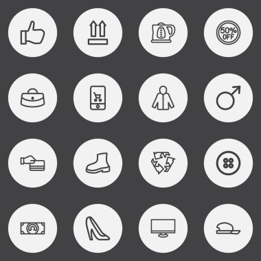 16 düzenlenebilir ticaret anahat simgeleri ayarlayın. Başparmak, Qr Code, hırka ve daha fazlası gibi simgeler içerir. Web, mobil, UI ve Infographic tasarımı için kullanılabilir.