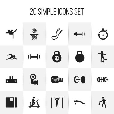 20 düzenlenebilir spor simgeler kümesi. Denge, basketbol, akrobasi ve daha fazlası gibi simgeler içerir. Web, mobil, UI ve Infographic tasarımı için kullanılabilir.