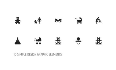 10 düzenlenebilir çocuk simgeler kümesi. Emzik, peluş hayvan, ikiz bebekler ve daha fazlası gibi simgeler içerir. Web, mobil, UI ve Infographic tasarımı için kullanılabilir.