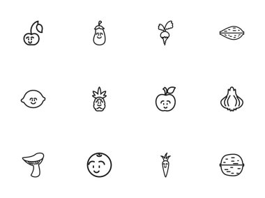 12 düzenlenebilir sebze anahat simgeler kümesi. Semboller gibi gülüyor kiraz, patlıcan, ceviz ve daha içerir. Web, mobil, UI ve Infographic tasarımı için kullanılabilir.
