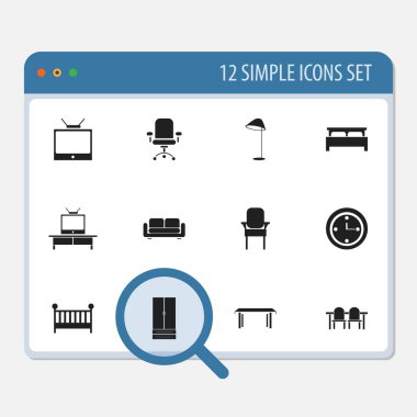 12 düzenlenebilir iç simgeler kümesi. Tv, dışkı, çocuk karyolası ve daha fazlası gibi simgeler içerir. Web, mobil, UI ve Infographic tasarımı için kullanılabilir.