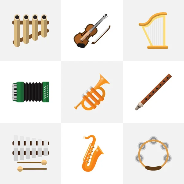 Set de 9 iconos planos de sonido editables. Incluye símbolos como Timbrel, palos, Fife y más. Puede ser utilizado para el diseño de la tela, móvil, interfaz de usuario e infografía . — Archivo Imágenes Vectoriales
