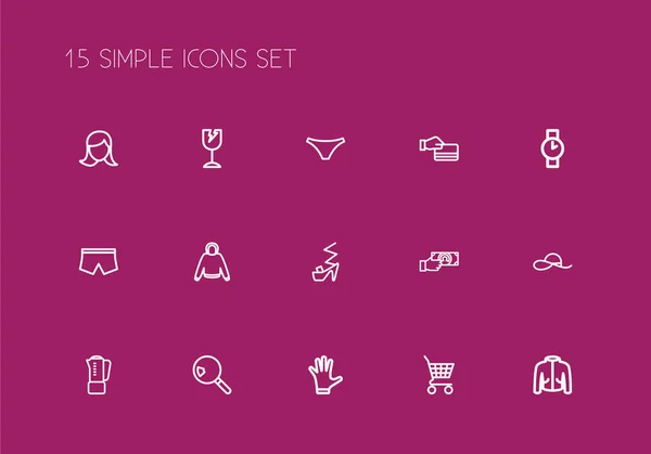 Uppsättning av 15 redigerbara handel disposition ikoner. Innehåller symboler som till exempel Sök, armbandsur, Hoodie och mer. Kan användas för webb-, mobil-, Ui- och Infographic Design. — Stock vektor