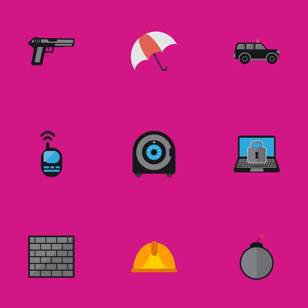 Set de 9 iconos planos de seguridad editables. Incluye símbolos como pistola, talkie, barrera y más. Puede ser utilizado para el diseño de la tela, móvil, interfaz de usuario e infografía . — Vector de stock