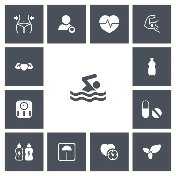 Set de 13 iconos de estilo de vida editables. Incluye símbolos como la natación, adelgazamiento, píldora y más. Puede ser utilizado para el diseño de la tela, móvil, interfaz de usuario e infografía . — Vector de stock