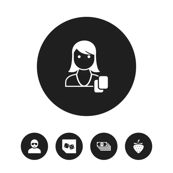 Ensemble de 5 icônes d'affaires modifiables. Comprend des symboles tels que dés, fraise, femme joueur et plus. Peut être utilisé pour le Web, mobile, interface utilisateur et infographie . — Image vectorielle