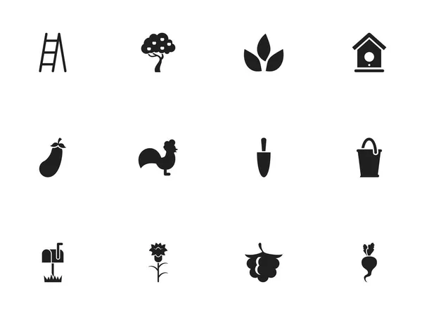 Set de 12 icoane de plantare editabile. Include simboluri precum Aubergine, Fructe Woods, Birdhouse și multe altele. Poate fi folosit pentru web, mobil, UI și design infografic . — Vector de stoc