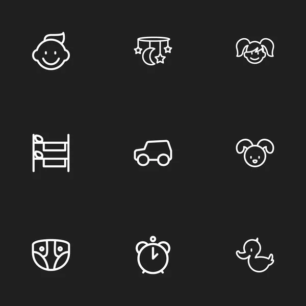 Set of 9 Editable Relatives Outline Icons. Включает в себя такие символы, как ванна игрушки, автомобиль, подгузник и многое другое. Can be used for Web, Mobile, UI and Infographic Design . — стоковый вектор