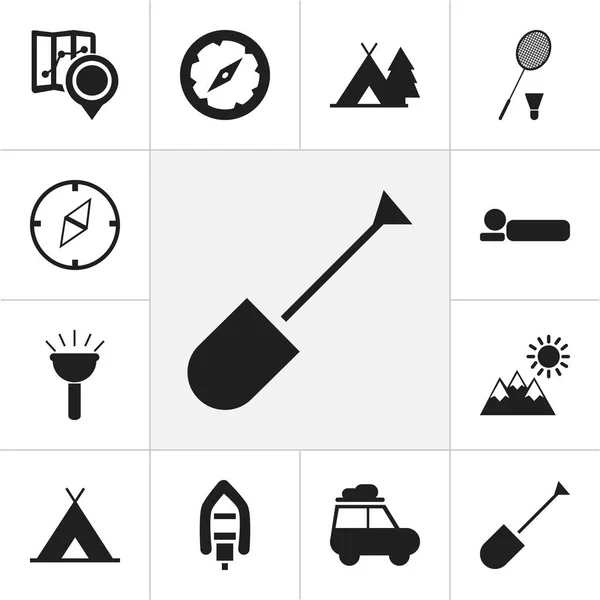 12 可编辑旅行图标集。包括铁锹、 拖车、 球拍等符号。可用于 Web、 移动、 Ui 和数据图表设计. — 图库矢量图片