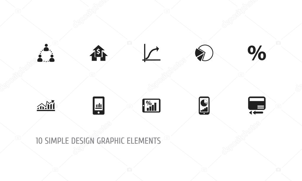 Set Of 10 Editable Logical Icons. Includes Symbols Such As Pie Graphic, Phone Statistics, Percent And More. Can Be Used For Web, Mobile, UI And Infographic Design.