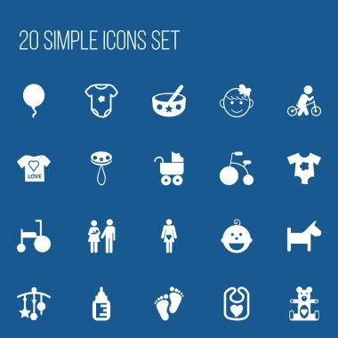 20 düzenlenebilir çocuk simgeler kümesi. Üç tekerlekli bisiklet, köpek yavrusu, kaşık ve daha fazlası gibi simgeler içerir. Web, mobil, UI ve Infographic tasarımı için kullanılabilir.