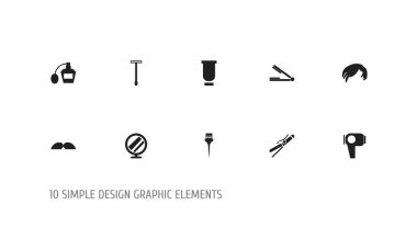 10 düzenlenebilir berber simgeler kümesi. Saç kurutucu, boyama araçları, saç silindir gibi simgeler ve daha fazlasını içerir. Web, mobil, UI ve Infographic tasarımı için kullanılabilir.