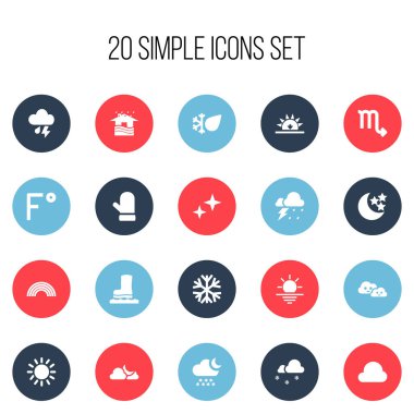 20 düzenlenebilir hava simgeler kümesi. Fırtına, gökkuşağı, Frost ve daha fazlası gibi simgeler içerir. Web, mobil, UI ve Infographic tasarımı için kullanılabilir.