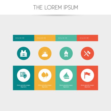 8 düzenlenebilir gezi simgeler kümesi. Balta, yat, ateş ve daha fazla gibi simgeler içerir. Web, mobil, UI ve Infographic tasarımı için kullanılabilir.