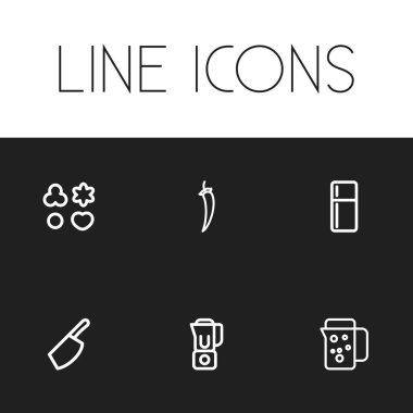 6 düzenlenebilir yemek anahat simgeleri ayarlayın. Buzdolabı, Chili, tanımlama bilgisi ve daha fazlası gibi simgeler içerir. Web, mobil, UI ve Infographic tasarımı için kullanılabilir.