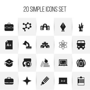 20 düzenlenebilir okul simgeler kümesi. Lamba, kalem, gözetim listesine ve daha fazlası gibi simgeler içerir. Web, mobil, UI ve Infographic tasarımı için kullanılabilir.