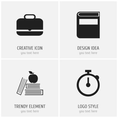 4 düzenlenebilir eğitim simgeler kümesi. Zamanlayıcı, ders kitabı, portföy ve daha fazlası gibi simgeler içerir. Web, mobil, UI ve Infographic tasarımı için kullanılabilir.