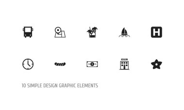 10 düzenlenebilir seyahat simgeler kümesi. Simgeler Omnibus, Helikopter pisti, soğuk içecek ve diğerleri gibi içerir. Web, mobil, UI ve Infographic tasarımı için kullanılabilir.
