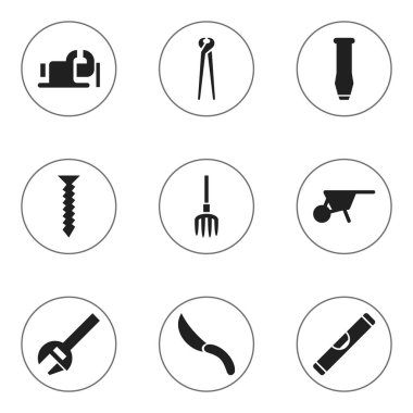 9 düzenlenebilir ekipman simgeler kümesi. Geçişli, kerpeten, anahtar ve daha fazlası gibi simgeler içerir. Web, mobil, UI ve Infographic tasarımı için kullanılabilir.