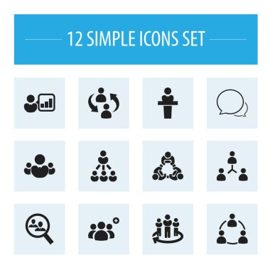 12 düzenlenebilir topluluk simgeler kümesi. Dostluk, hoparlör, insan kaynakları ve daha fazlası gibi simgeler içerir. Web, mobil, UI ve Infographic tasarımı için kullanılabilir.