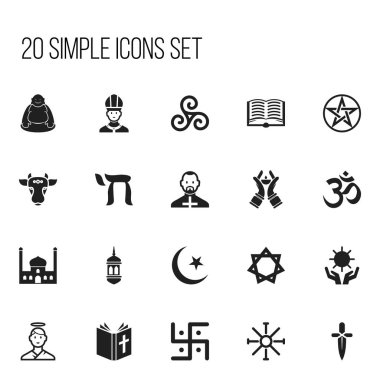 20 düzenlenebilir inanç simgeler kümesi. Şapel, Gospel, dini işaret ve daha fazlası gibi simgeler içerir. Web, mobil, UI ve Infographic tasarımı için kullanılabilir.