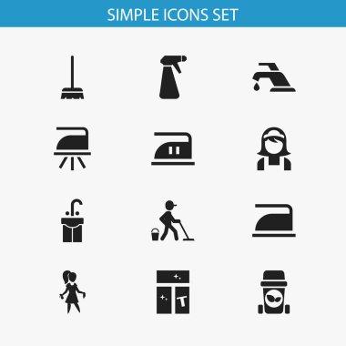 12 düzenlenebilir Temizleme simgeler kümesi. Çöp kutusu, ev işleri, Ütü ve daha fazlası gibi simgeler içerir. Web, mobil, UI ve Infographic tasarımı için kullanılabilir.