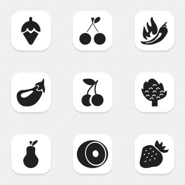 9 düzenlenebilir Berry simgeler kümesi. Patlıcan, çiçekler, armut ve daha fazla gibi simgeler içerir. Web, mobil, UI ve Infographic tasarımı için kullanılabilir.
