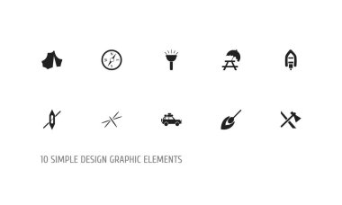 10 düzenlenebilir seyahat simgeler kümesi. Kibrit çöpü, kızböcekleri ve balta gibi simgeler içerir. Web, mobil, UI ve Infographic tasarımı için kullanılabilir.