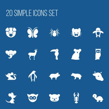 20 düzenlenebilir hayvan simgeler kümesi. Avustralya ayı, Puma, kedi ve daha fazlası gibi simgeler içerir. Web, mobil, UI ve Infographic tasarımı için kullanılabilir.