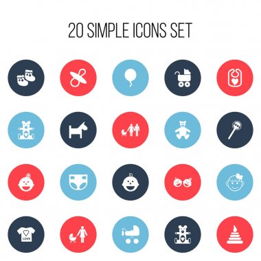 20 düzenlenebilir çocuk simgeler kümesi. Dekorasyon, Ayakkabı gibi simgeler için bebekler, Preambulator ve daha fazlasını içerir. Web, mobil, UI ve Infographic tasarımı için kullanılabilir.